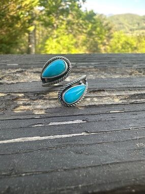 Navajo Kingman Turquoise Double Stone Bypass Sterling Silver Ring